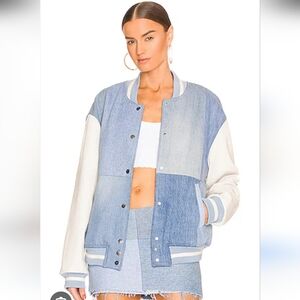 EB Denim Varsity Jacket In Blue Denim And Ivory Leather